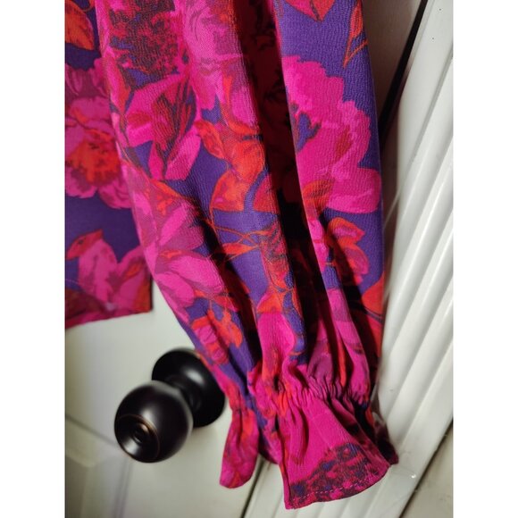 Adyson Parker Pink Purple Floral Ruffle Button-Up High Low LS Blouse Top L - Picture 4 of 9